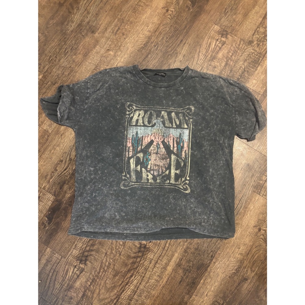 Zutter USA Roam Free Desert Graphic Tee Acid Wash Charcoal Grey Western Boho L